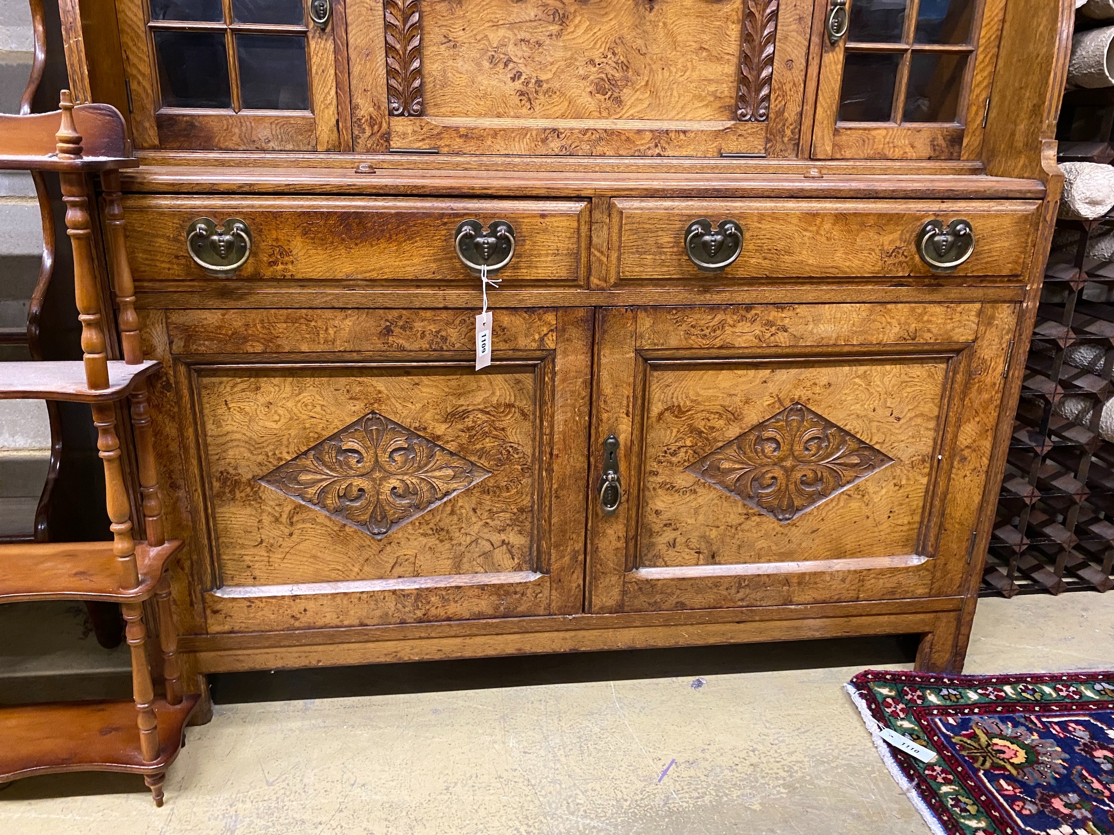 Lamb of Manchester. A late Victorian oak and pollard oak secretaire bookcase, width 125cm, depth 46cm, height 226cm